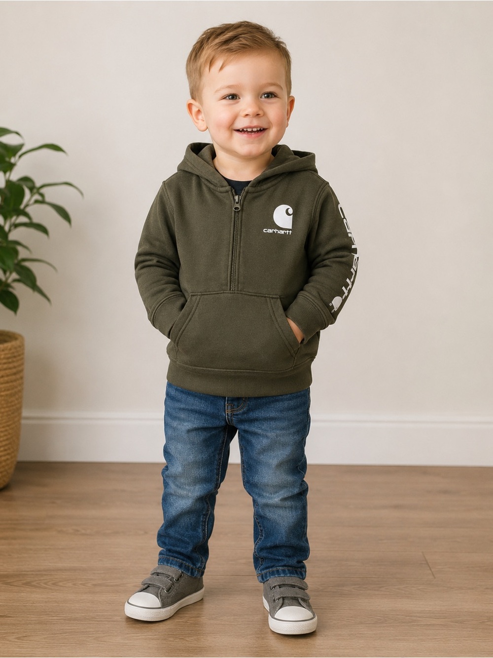Carhartt Kids 2T Olive Green Half Zip Hoodie Logo Sleeve Workwear Streetwear